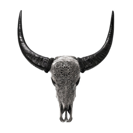 Hand Carved Buffalo Skull - Gray Sun