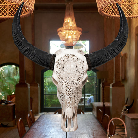 Hand Carved Buffalo Skull - White Hanuman