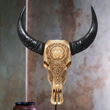 Hand Carved Buffalo Skull - Golden Brahma