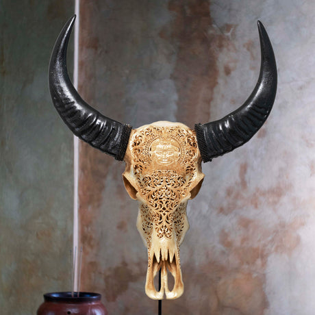 Hand Carved Buffalo Skull - Golden Hanuman