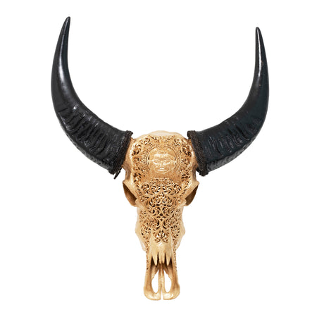 Hand Carved Buffalo Skull - Golden Hanuman