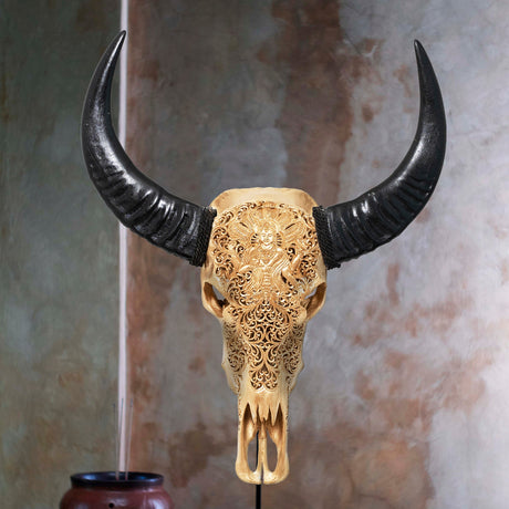 Hand Carved Buffalo Skull - Golden Vishnu