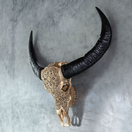 Hand Carved Buffalo Skull - Golden Mandala