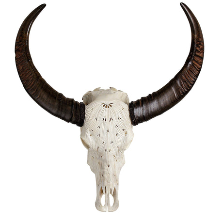 Hand Carved Buffalo Skull - Feathers