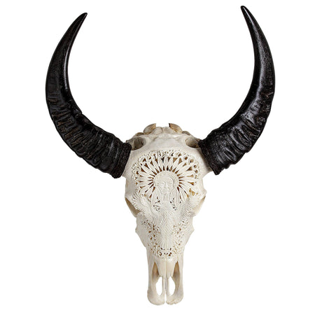 Hand Carved Buffalo Skull - Indian & Eagle