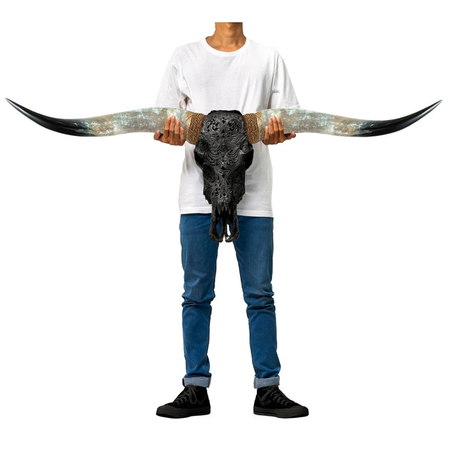 Hand Carved Longhorn Skull - Black Moth