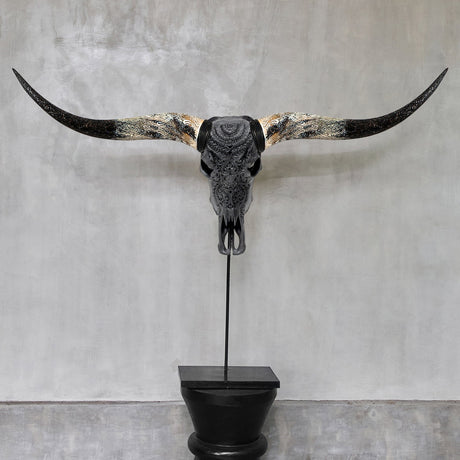 Hand Carved Longhorn Skull - Matte Black Boho