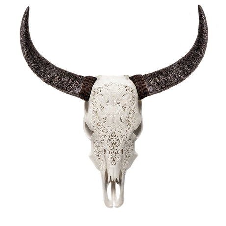 Hand Carved Cow Skull - White Vishnu
