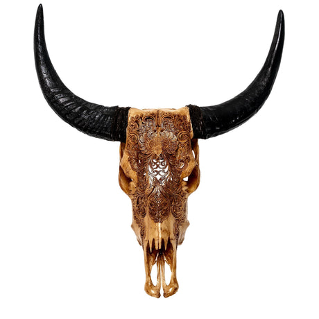 Hand Carved Cow Skull - Antique Flower