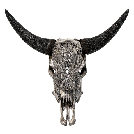 Hand Carved Cow Skull - Gray Flower