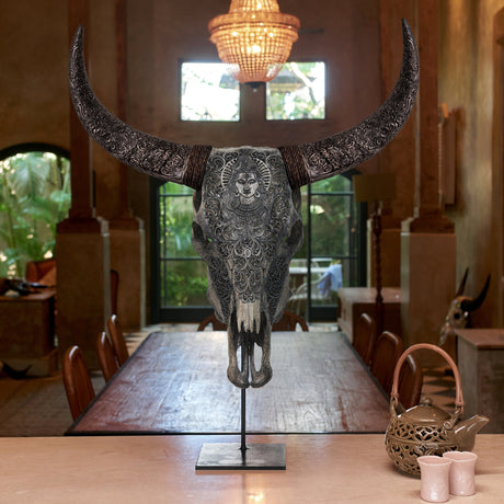 Hand Carved Cow Skull - Gray Shiva
