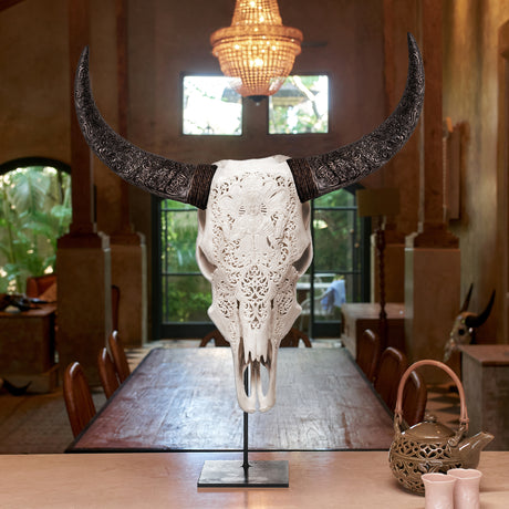 Hand Carved Cow Skull - White Vishnu