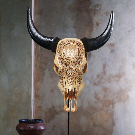 Hand Carved Cow Skull - Golden Brahma