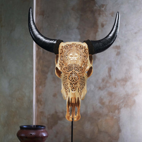 Hand Carved Cow Skull - Golden Hanuman