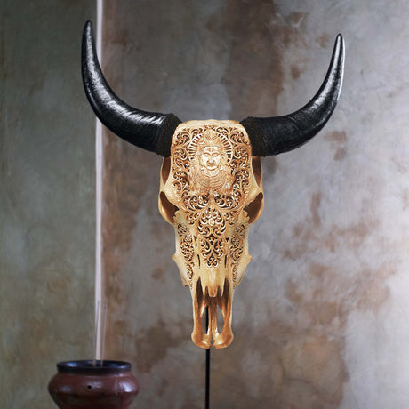 Hand Carved Cow Skull - Golden Shiva