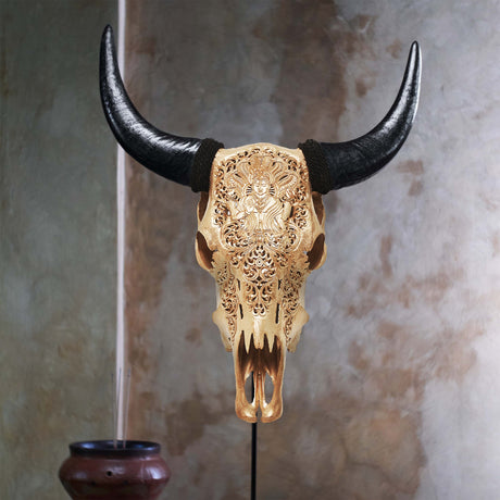 Hand Carved Cow Skull - Golden Vishnu