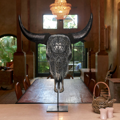 Hand Carved Cow Skull - Gray Brahma