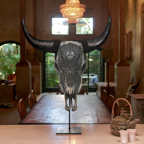 Hand Carved Cow Skull - Gray Hanuman