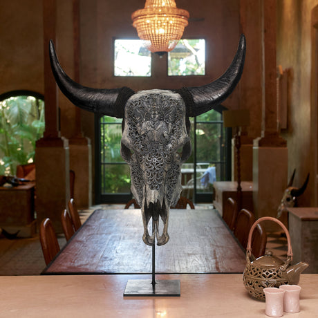 Hand Carved Cow Skull - Gray Vishnu