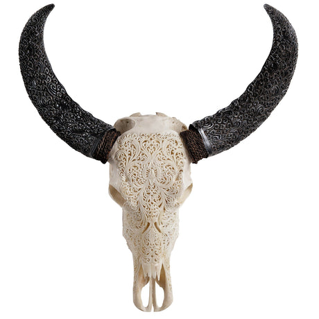 Hand Carved Buffalo Skull - Flower