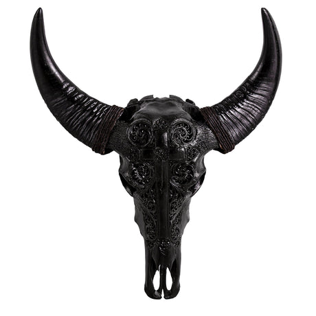 Hand Carved Buffalo Skull - Black Cross
