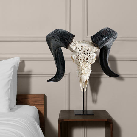Hand Carved Ram Skull - White Mandala