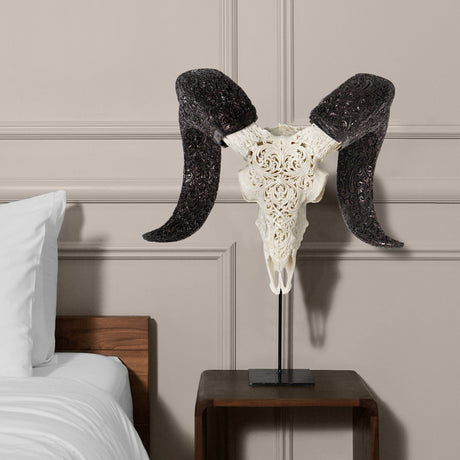 Hand Carved Ram Skull - White Swirls