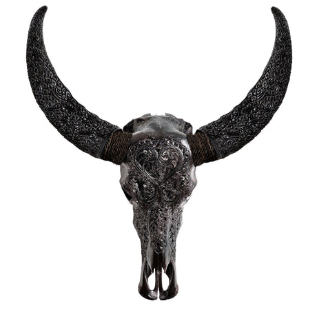 Hand Carved Buffalo Skull - Black Heart