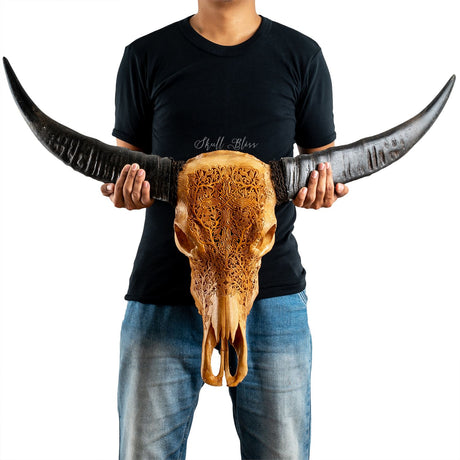 Hand Carved Buffalo Skull - Gothic Cross《Antique Finish》