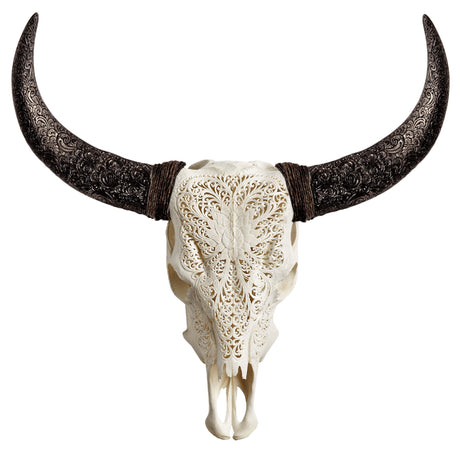 Hand Carved Cow Skull - White Lotus