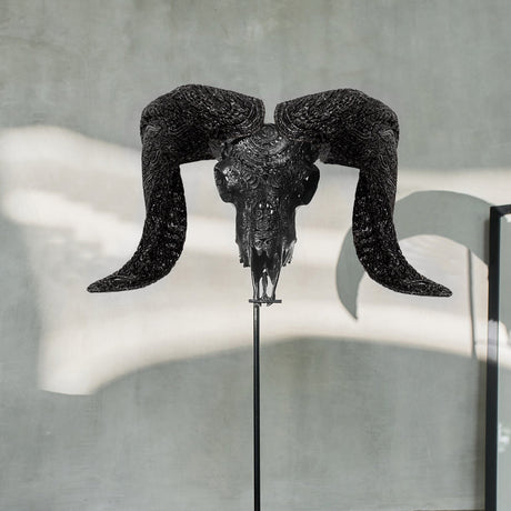 Hand Carved Ram Skull - Matte Black Boho