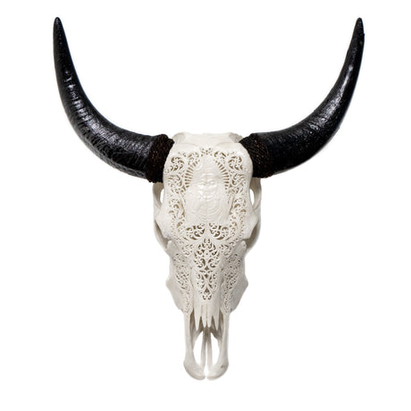 Hand Carved Cow Skull - White Shiva