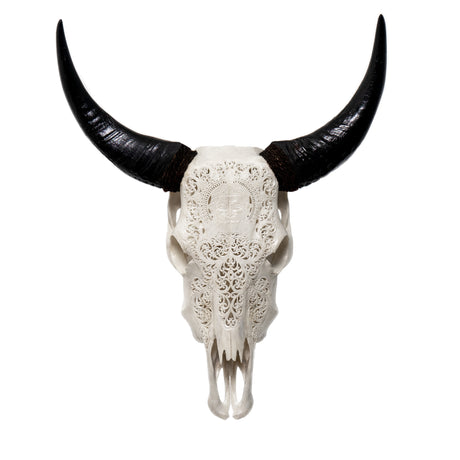 Hand Carved Cow Skull - White Hanuman