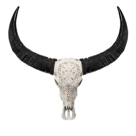 Hand Carved Buffalo Skull - White Vishnu