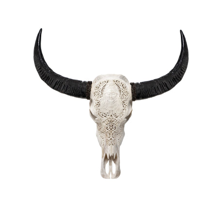 Hand Carved Buffalo Skull - White Shiva