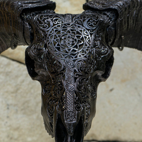 Hand Carved Ram Skull - Black Sun