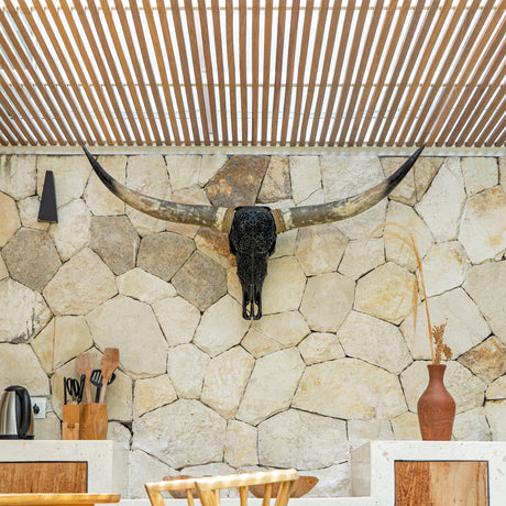 Hand Carved Longhorn Skull - Black Sun