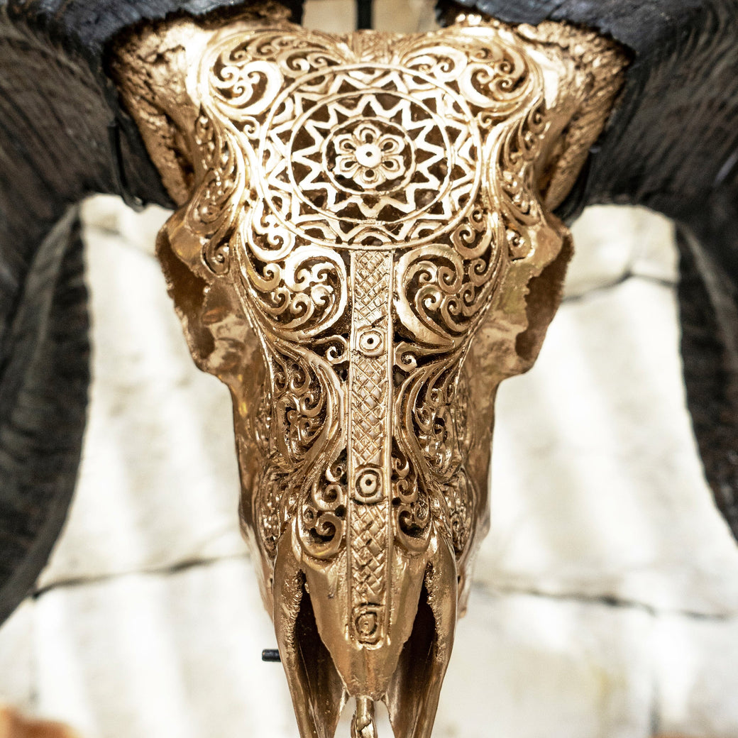 Hand Carved Ram Skull - Golden Sun – Skull Bliss