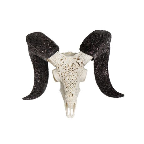 Hand Carved Ram Skull - White Swirls