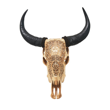 Hand Carved Cow Skull - Golden Hanuman
