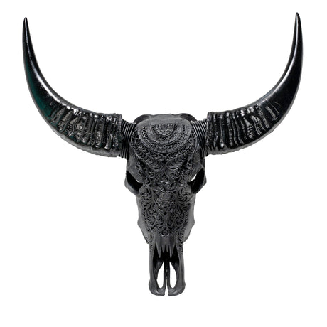 Hand Carved Buffalo Skull - Matte Black Boho