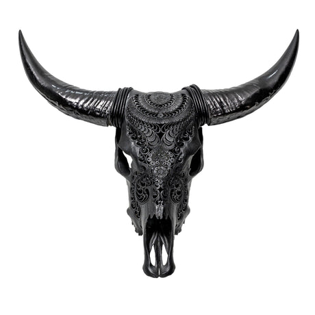 Hand Carved Cow Skull - Matte Black Boho