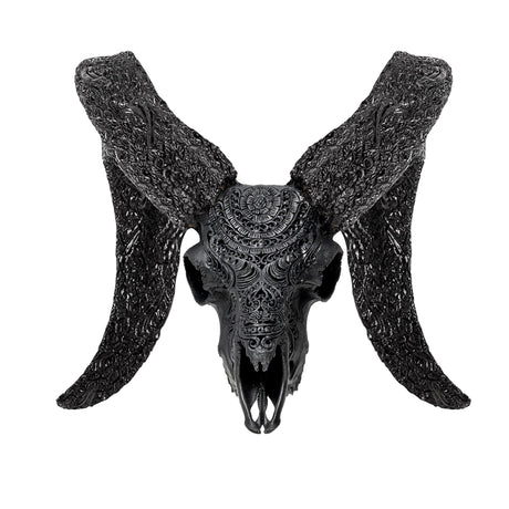 Hand Carved Ram Skull - Matte Black Boho