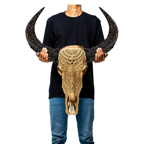 Hand Carved Buffalo Skull - Gold Boho (24kt Gold Leaf)
