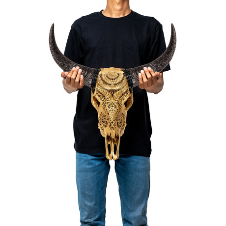 Hand Carved Cow Skull - Gold Boho (24kt Gold Leaf)