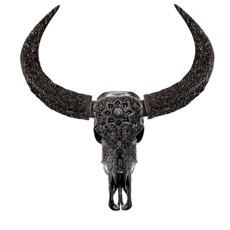 Hand Carved Buffalo Skull - Black Mandala