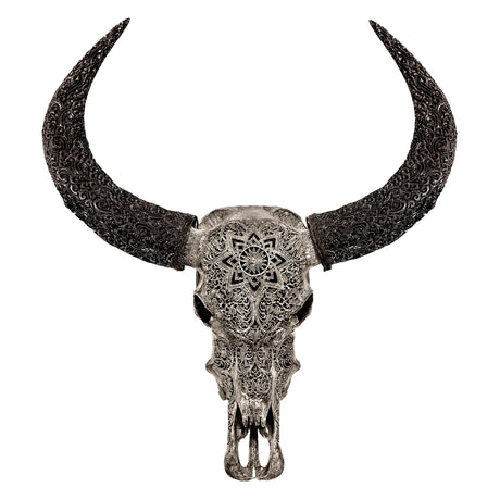 Hand Carved Buffalo Skull - Gray Mandala