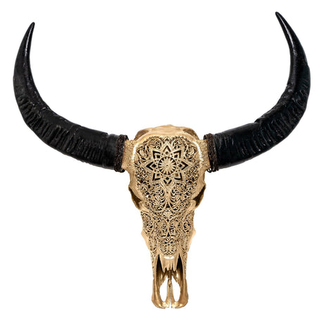 Hand Carved Buffalo Skull - Golden Mandala