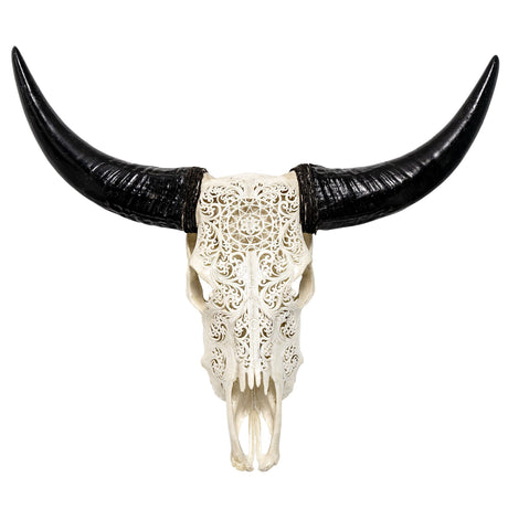 Hand Carved Cow Skull - White Sun