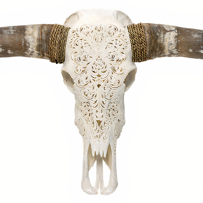Hand Carved Longhorn Skull - White Predator
